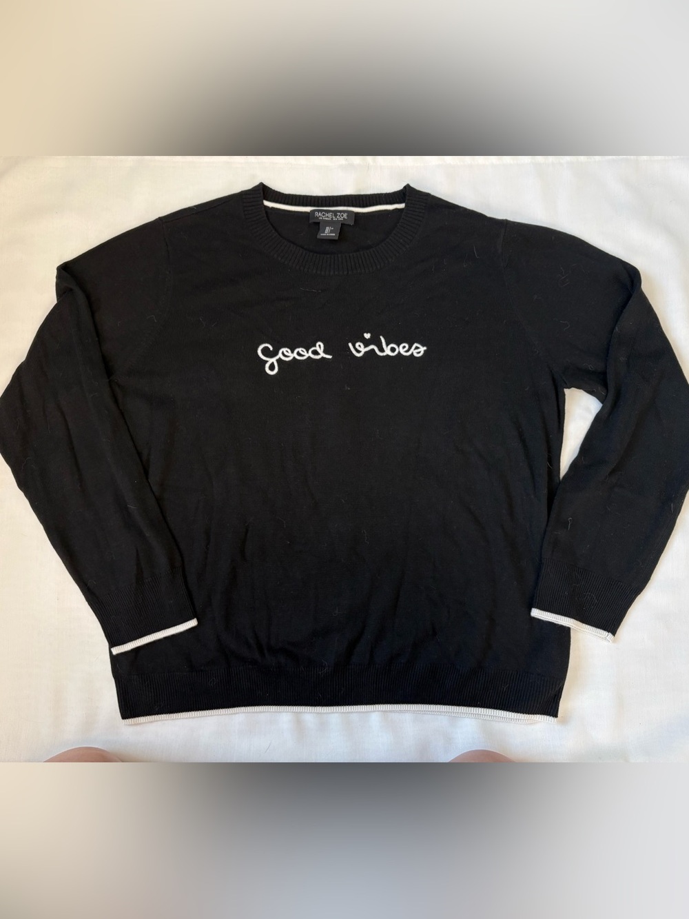 Rachel Zoe Black Crewneck Sweater with White 'Good Vibes' Script